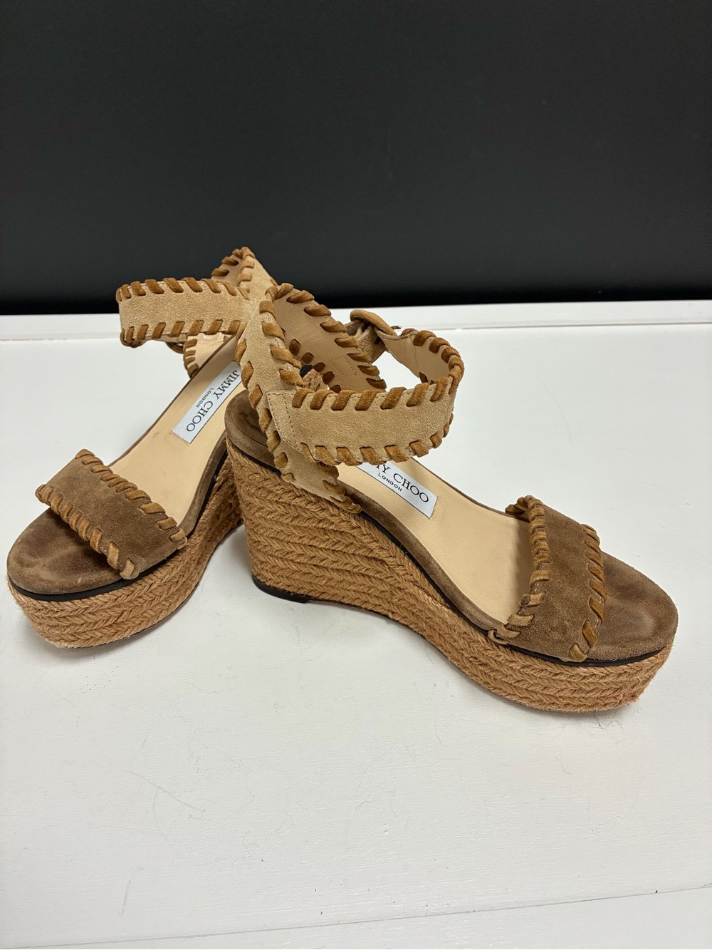 Jimmy Choo Tan Suede Wedge Sandals